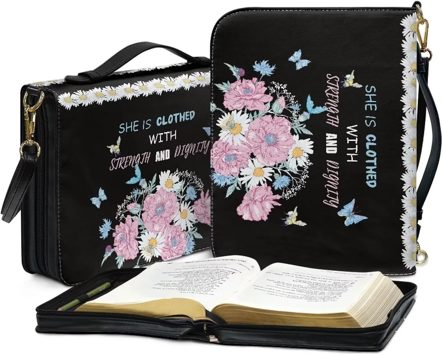Suobstales Butterfly Daisy Flower Print Bible Cover for Men Women She is Clothed with Strength and Dignity Leather Bible Case Large Bible Carrying Case Bible Carrier with Shoulder Strap, M
