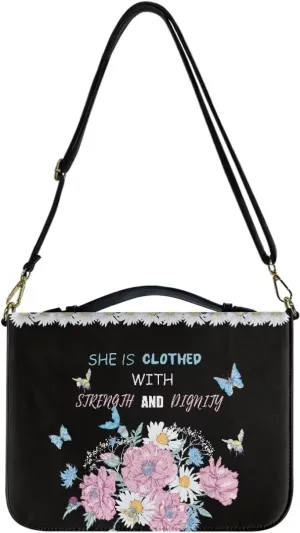 Suobstales Butterfly Daisy Flower Print Bible Cover for Men Women She is Clothed with Strength and Dignity Leather Bible Case Large Bible Carrying Case Bible Carrier with Shoulder Strap, M