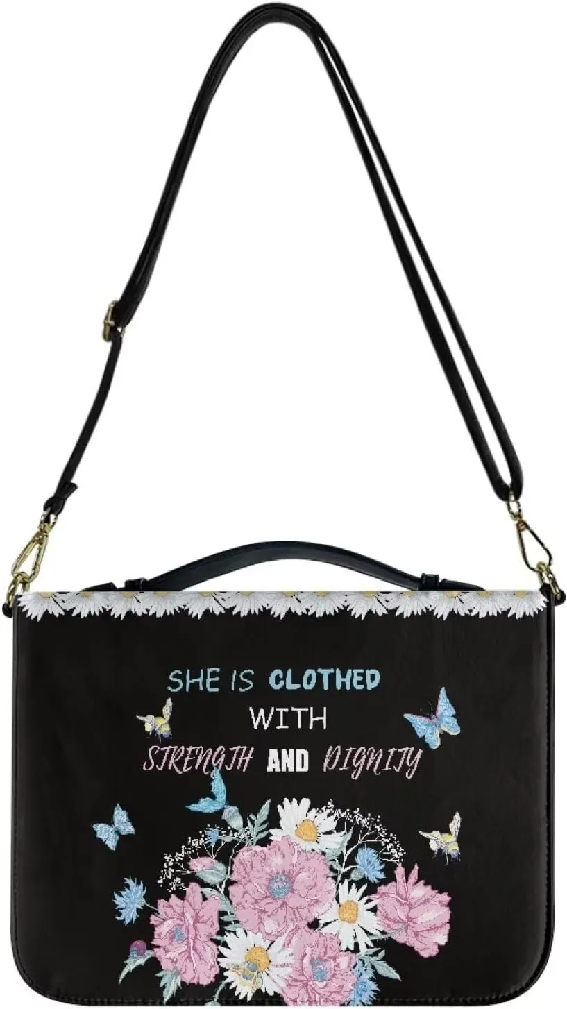Suobstales Butterfly Daisy Flower Print Bible Cover for Men Women She is Clothed with Strength and Dignity Leather Bible Case Large Bible Carrying Case Bible Carrier with Shoulder Strap, M