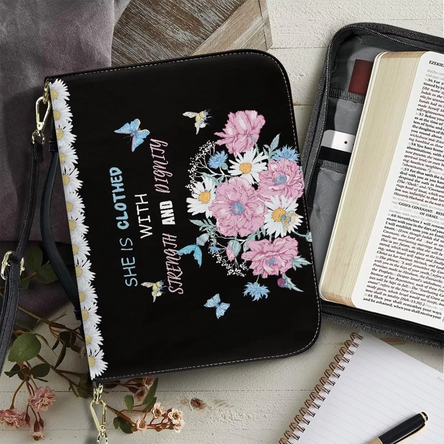 Suobstales Butterfly Daisy Flower Print Bible Cover for Men Women She is Clothed with Strength and Dignity Leather Bible Case Large Bible Carrying Case Bible Carrier with Shoulder Strap, M