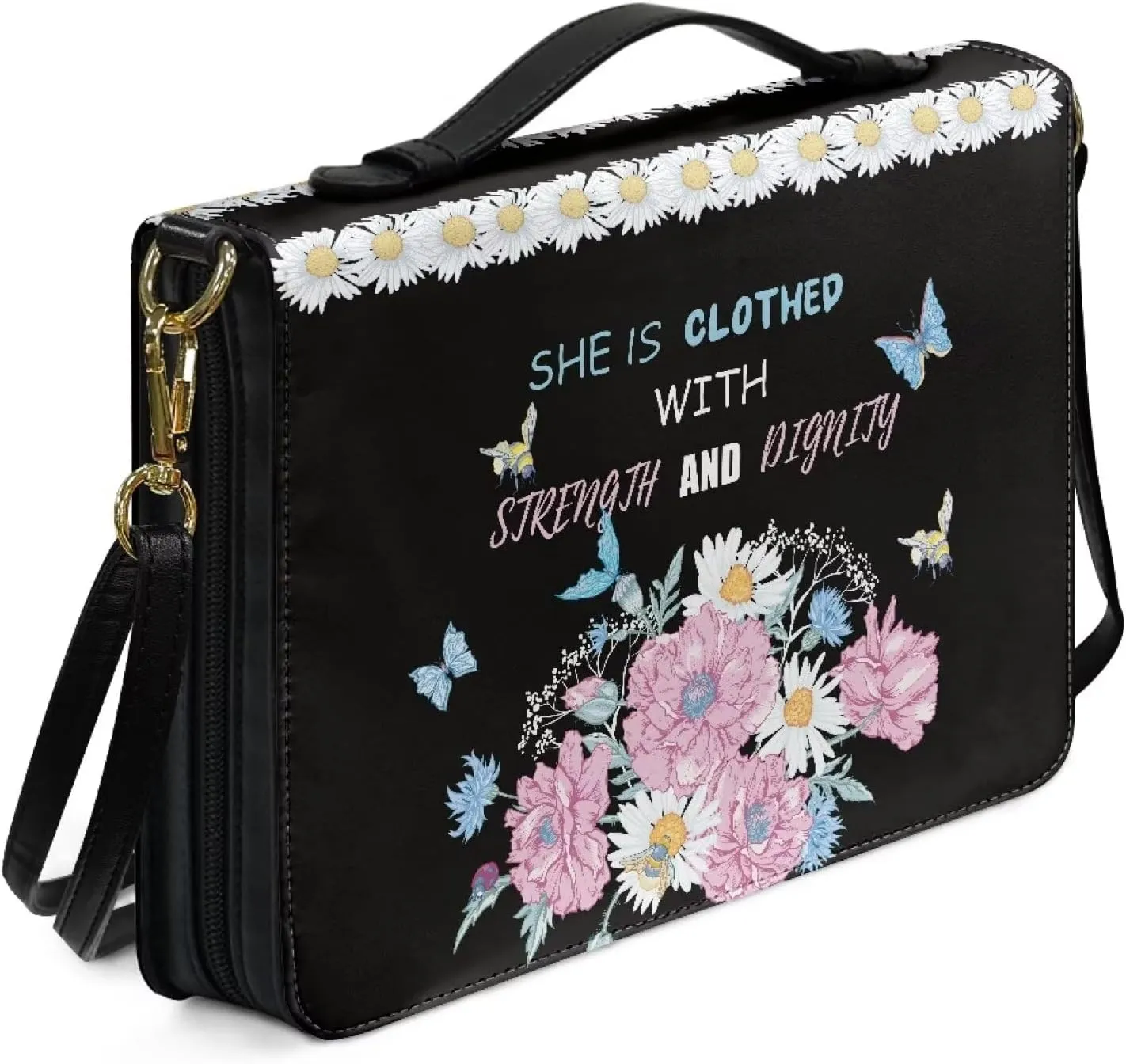Suobstales Butterfly Daisy Flower Print Bible Cover for Men Women She is Clothed with Strength and Dignity Leather Bible Case Large Bible Carrying Case Bible Carrier with Shoulder Strap, M