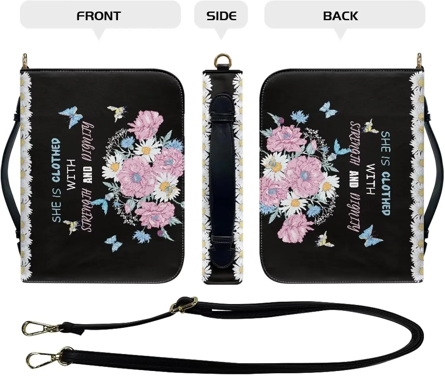 Suobstales Butterfly Daisy Flower Print Bible Cover for Men Women She is Clothed with Strength and Dignity Leather Bible Case Large Bible Carrying Case Bible Carrier with Shoulder Strap, M