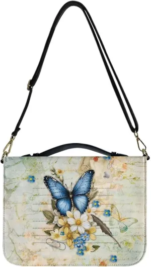 Suobstales Butterfly Daisy Print Bible Cover for Men Women Leather Bible Case Large Bible Carrying Case Bible Carrier with Shoulder Strap, Study Bible Tote Bag Handbag for Bible Accessories, 2XL