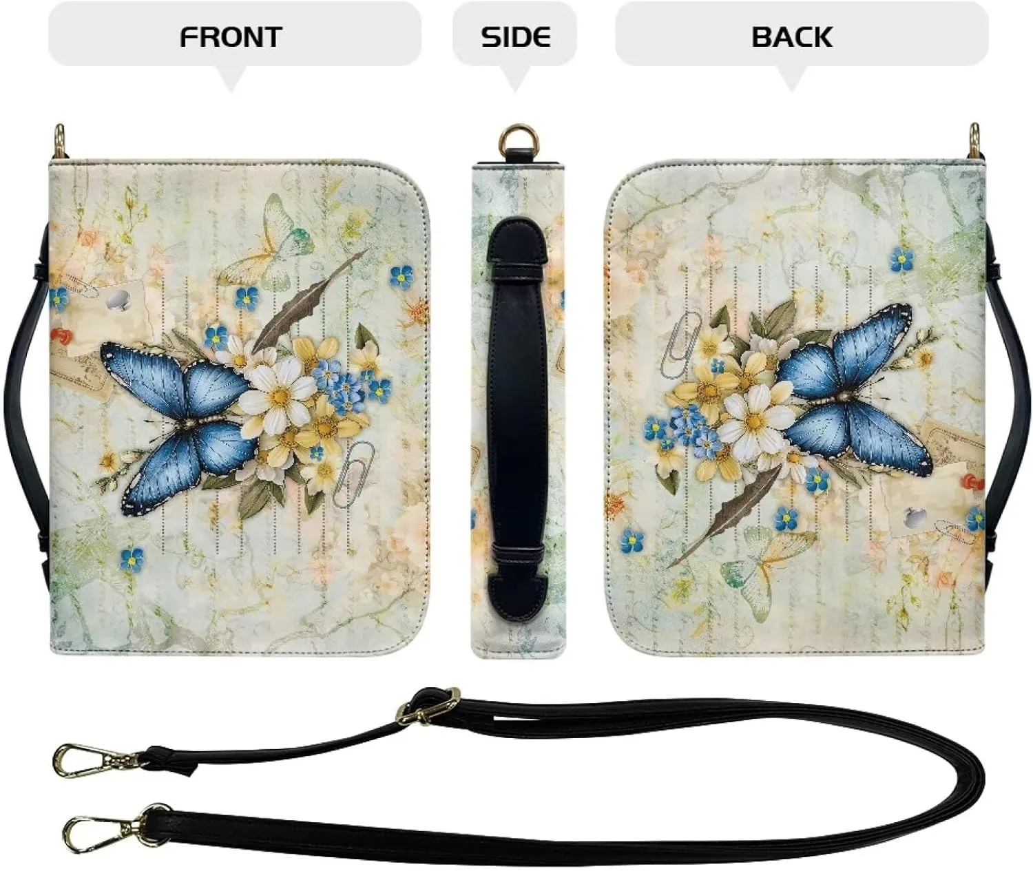 Suobstales Butterfly Daisy Print Bible Cover for Men Women Leather Bible Case Large Bible Carrying Case Bible Carrier with Shoulder Strap, Study Bible Tote Bag Handbag for Bible Accessories, 2XL