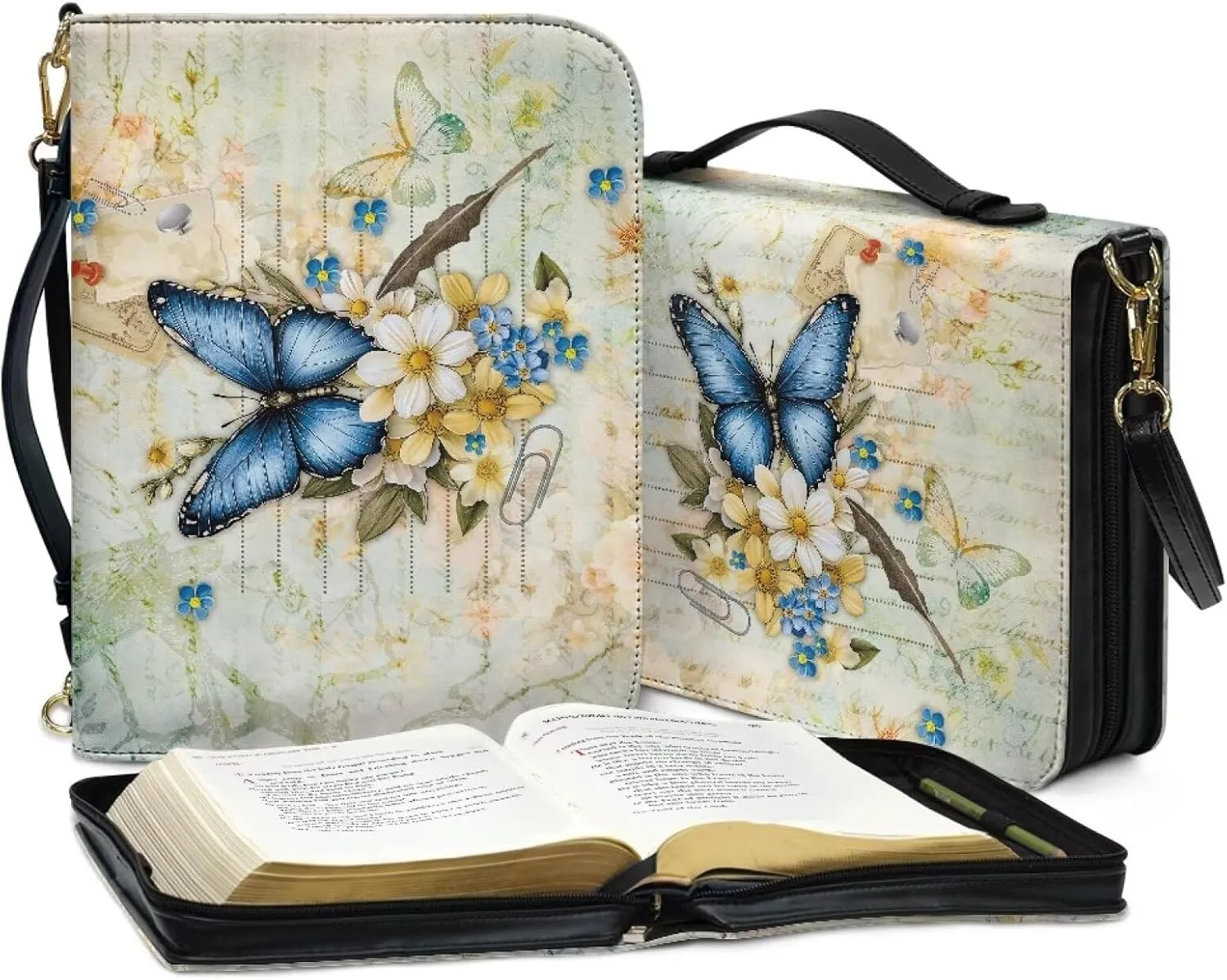 Suobstales Butterfly Daisy Print Bible Cover for Men Women Leather Bible Case Large Bible Carrying Case Bible Carrier with Shoulder Strap, Study Bible Tote Bag Handbag for Bible Accessories, 2XL