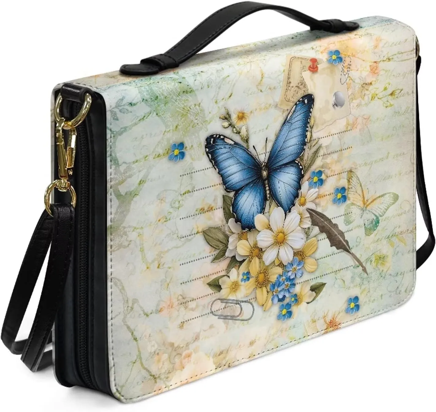 Suobstales Butterfly Daisy Print Bible Cover for Men Women Leather Bible Case Large Bible Carrying Case Bible Carrier with Shoulder Strap, Study Bible Tote Bag Handbag for Bible Accessories, 2XL