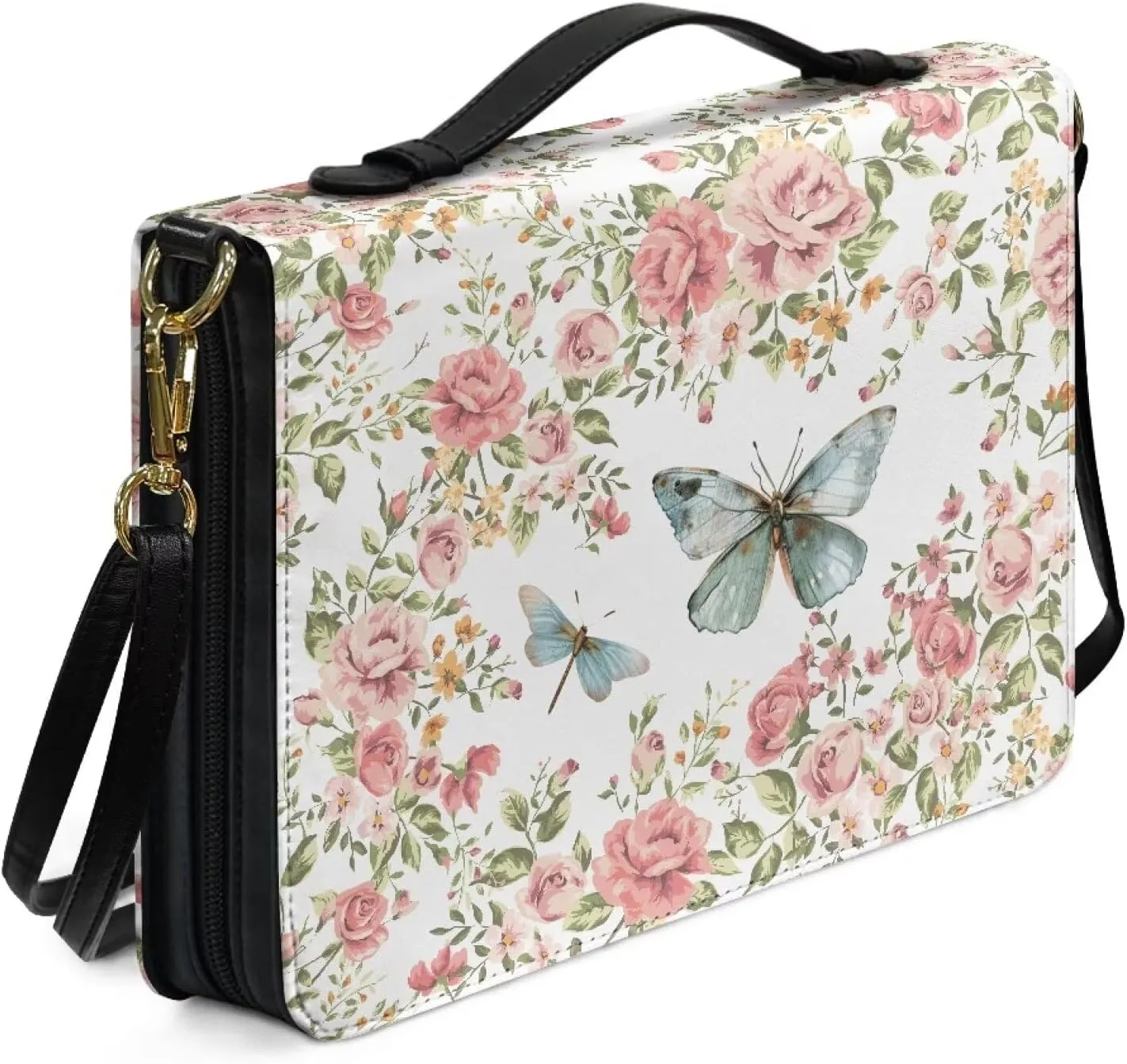 Suobstales Butterfly Dragonfly Flower Print Bible Cover PU Leather Bible Case with Shoulder Strap, Lightweight Bible Bag Bible Protective Bible Carrier for Men Women, M