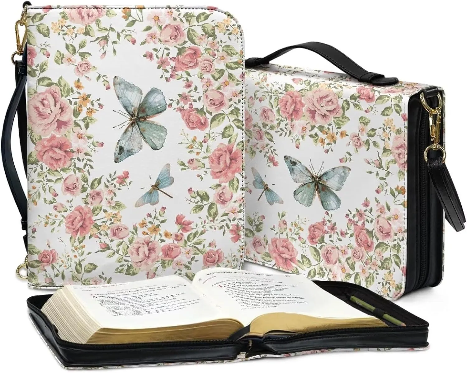 Suobstales Butterfly Dragonfly Flower Print Bible Cover PU Leather Bible Case with Shoulder Strap, Lightweight Bible Bag Bible Protective Bible Carrier for Men Women, M
