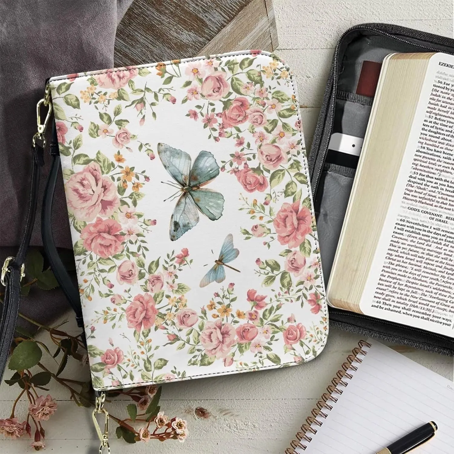 Suobstales Butterfly Dragonfly Flower Print Bible Cover PU Leather Bible Case with Shoulder Strap, Lightweight Bible Bag Bible Protective Bible Carrier for Men Women, M