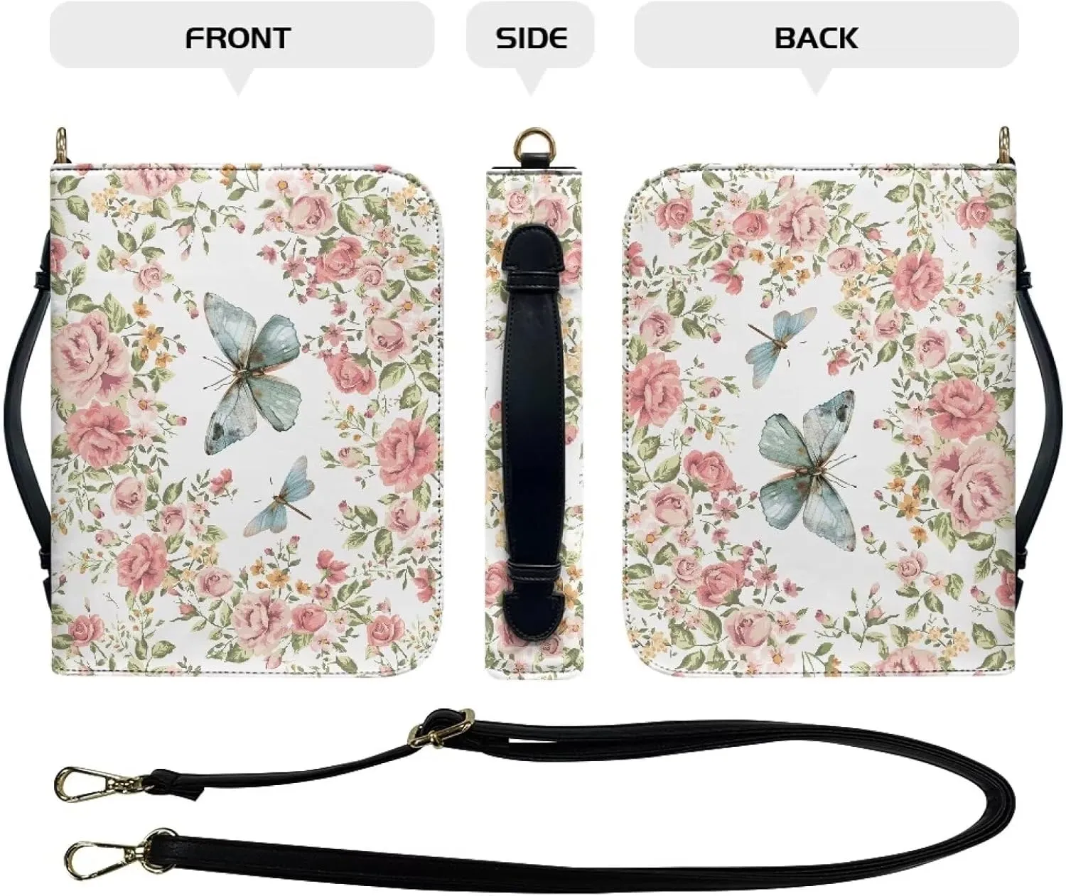 Suobstales Butterfly Dragonfly Flower Print Bible Cover PU Leather Bible Case with Shoulder Strap, Lightweight Bible Bag Bible Protective Bible Carrier for Men Women, M