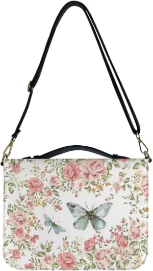 Suobstales Butterfly Dragonfly Flower Print Bible Cover PU Leather Bible Case with Shoulder Strap, Lightweight Bible Bag Bible Protective Bible Carrier for Men Women, M