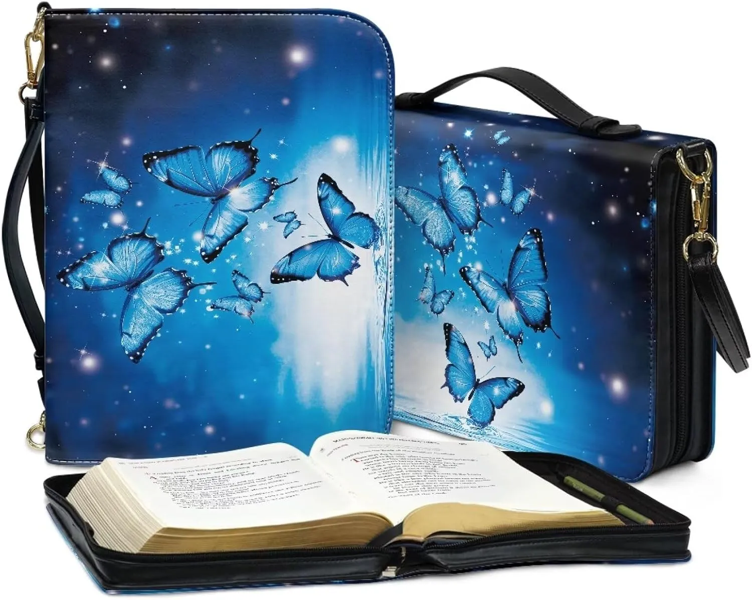 Suobstales Butterfly Print Bible Cover for Men Women Leather Bible Case Large Bible Carrying Case Bible Carrier with Shoulder Strap, Study Bible Tote Bag Handbag for Bible Accessories, 2XL