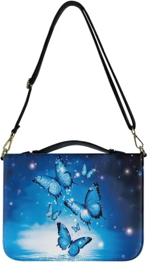 Suobstales Butterfly Print Bible Cover for Men Women Leather Bible Case Large Bible Carrying Case Bible Carrier with Shoulder Strap, Study Bible Tote Bag Handbag for Bible Accessories, 2XL