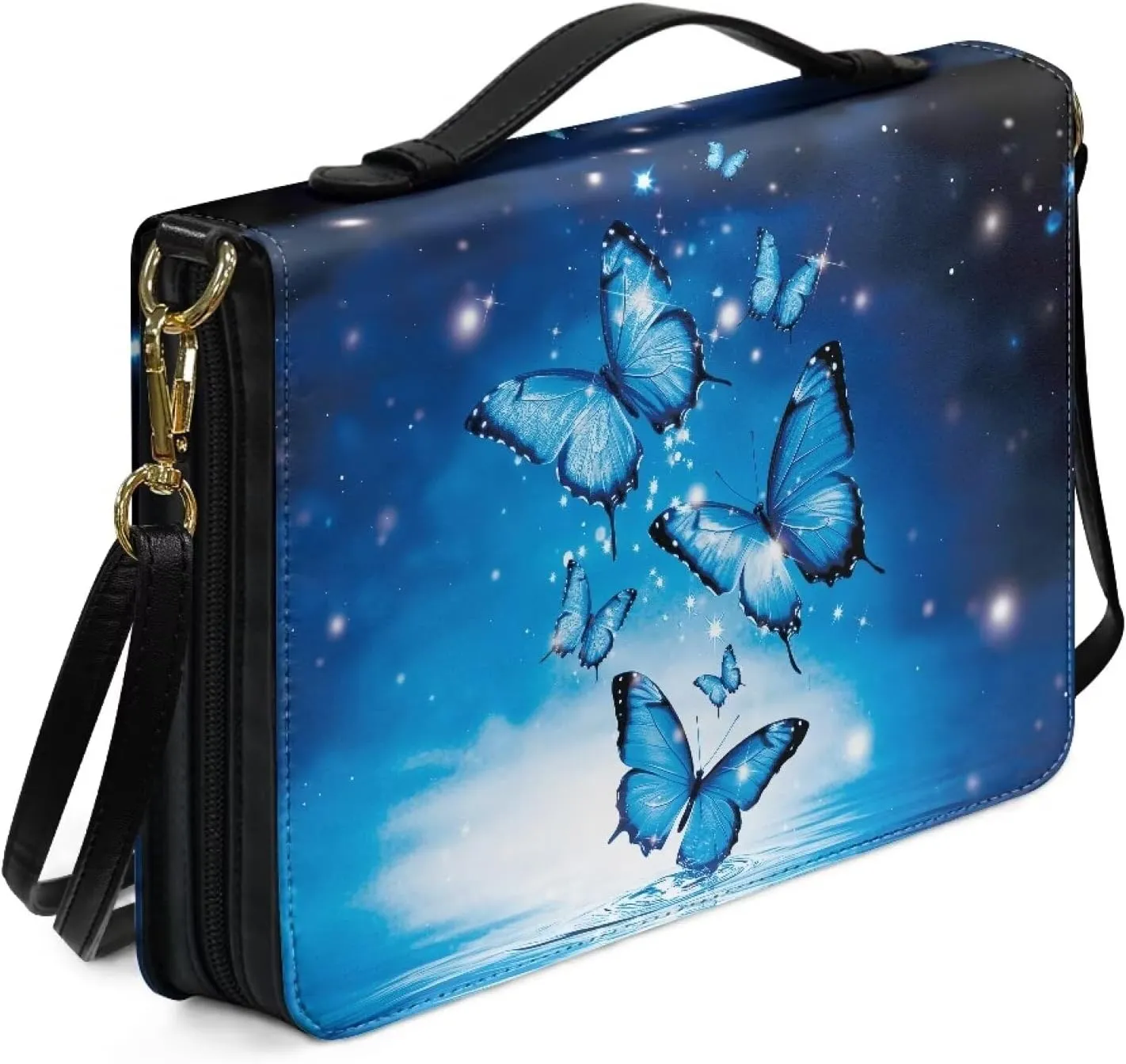 Suobstales Butterfly Print Bible Cover for Men Women Leather Bible Case Large Bible Carrying Case Bible Carrier with Shoulder Strap, Study Bible Tote Bag Handbag for Bible Accessories, 2XL