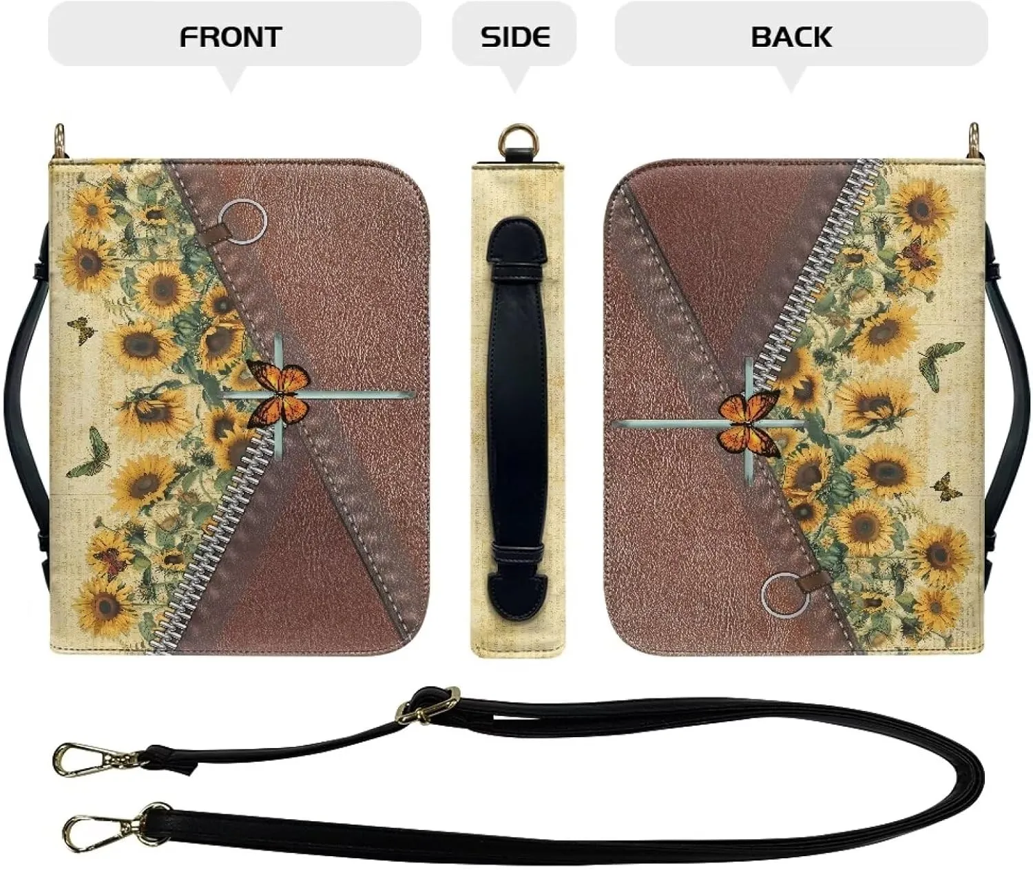 Suobstales Butterfly Sunflower Cross Print Bible Cover with Handle, PU Leather Bible Case with Shoulder Strap, Lightweight Bible Bag Bible Protective Bible Carrier for Mother Father Men Women, 2XL
