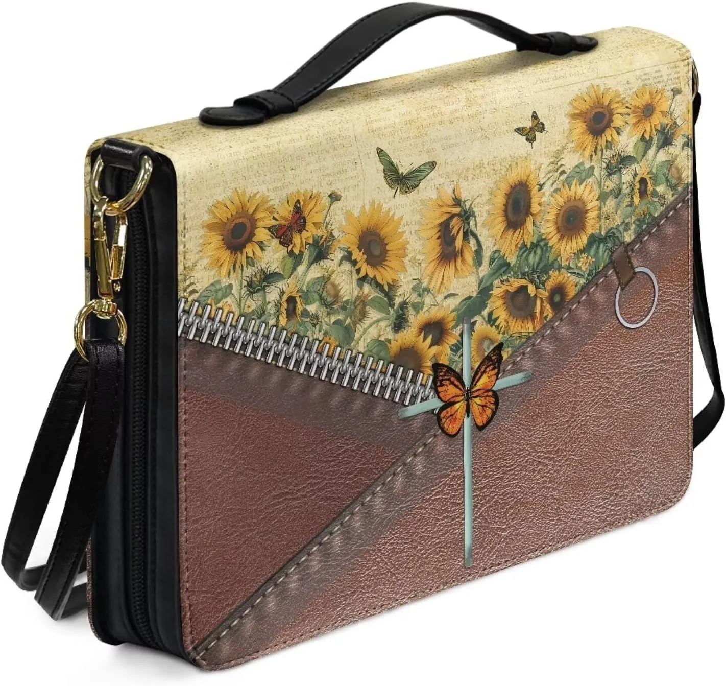 Suobstales Butterfly Sunflower Cross Print Bible Cover with Handle, PU Leather Bible Case with Shoulder Strap, Lightweight Bible Bag Bible Protective Bible Carrier for Mother Father Men Women, 2XL