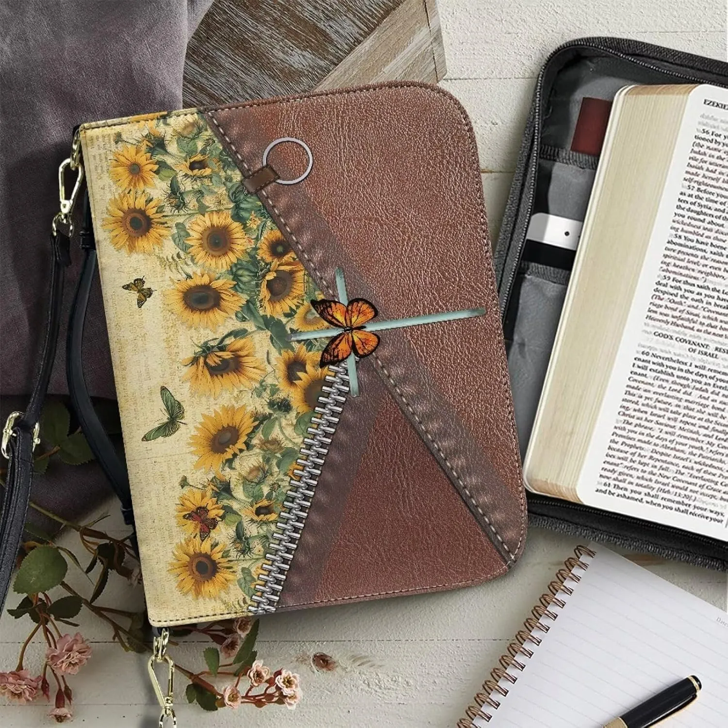 Suobstales Butterfly Sunflower Cross Print Bible Cover with Handle, PU Leather Bible Case with Shoulder Strap, Lightweight Bible Bag Bible Protective Bible Carrier for Mother Father Men Women, 2XL