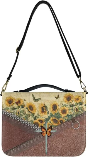 Suobstales Butterfly Sunflower Cross Print Bible Cover with Handle, PU Leather Bible Case with Shoulder Strap, Lightweight Bible Bag Bible Protective Bible Carrier for Mother Father Men Women, 2XL