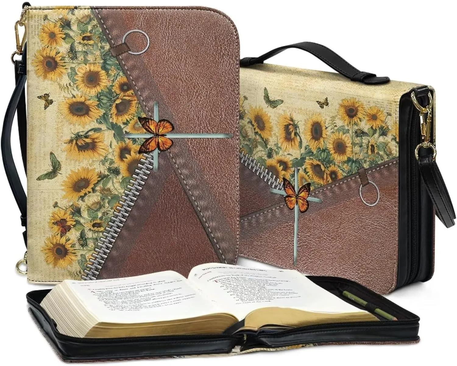 Suobstales Butterfly Sunflower Cross Print Bible Cover with Handle, PU Leather Bible Case with Shoulder Strap, Lightweight Bible Bag Bible Protective Bible Carrier for Mother Father Men Women, 2XL