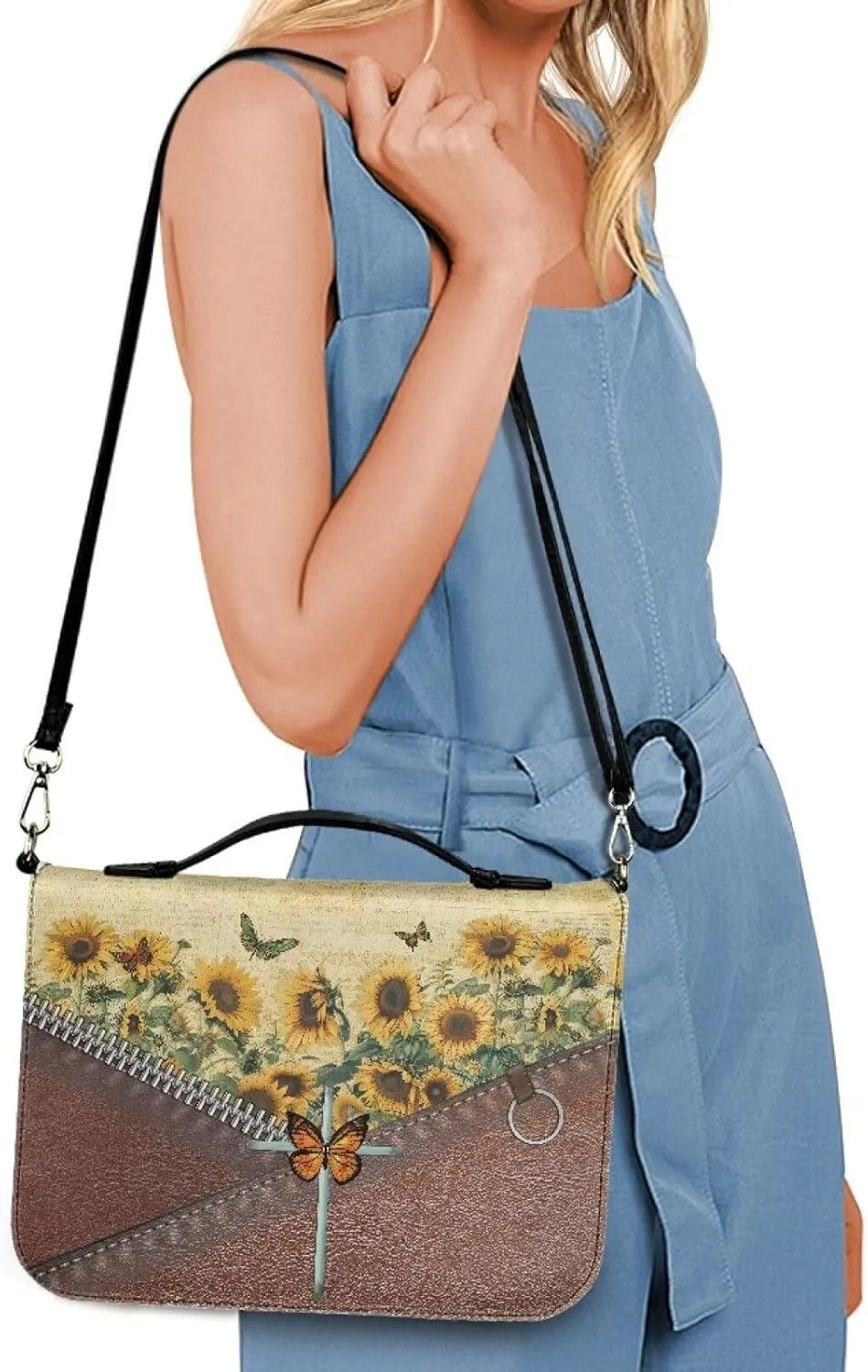 Suobstales Butterfly Sunflower Cross Print Bible Cover with Handle, PU Leather Bible Case with Shoulder Strap, Lightweight Bible Bag Bible Protective Bible Carrier for Mother Father Men Women, 2XL