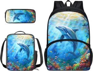 Suobstales Dolphin Fish Coral Print Backpack School Bag with Picnic Lunch Box Pen Case Set of 3 Pcs, Kids School Bookbags Casual Daypack for Camping Outdoor Travel Sports