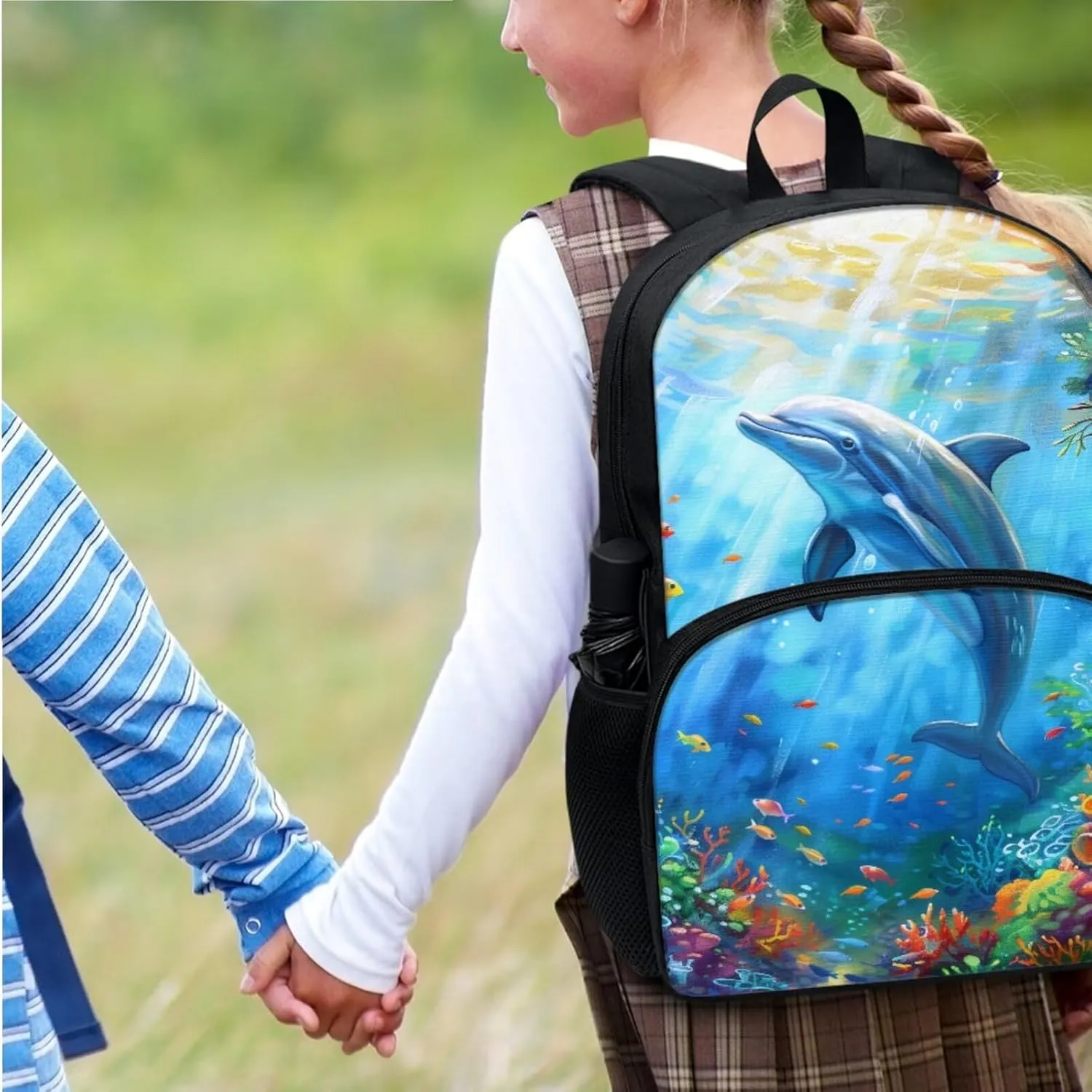 Suobstales Dolphin Fish Coral Print Backpack School Bag with Picnic Lunch Box Pen Case Set of 3 Pcs, Kids School Bookbags Casual Daypack for Camping Outdoor Travel Sports