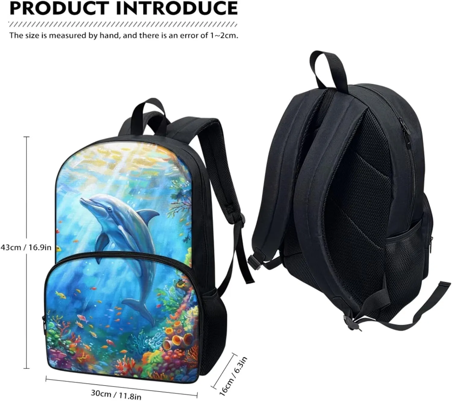 Suobstales Dolphin Fish Coral Print Backpack School Bag with Picnic Lunch Box Pen Case Set of 3 Pcs, Kids School Bookbags Casual Daypack for Camping Outdoor Travel Sports