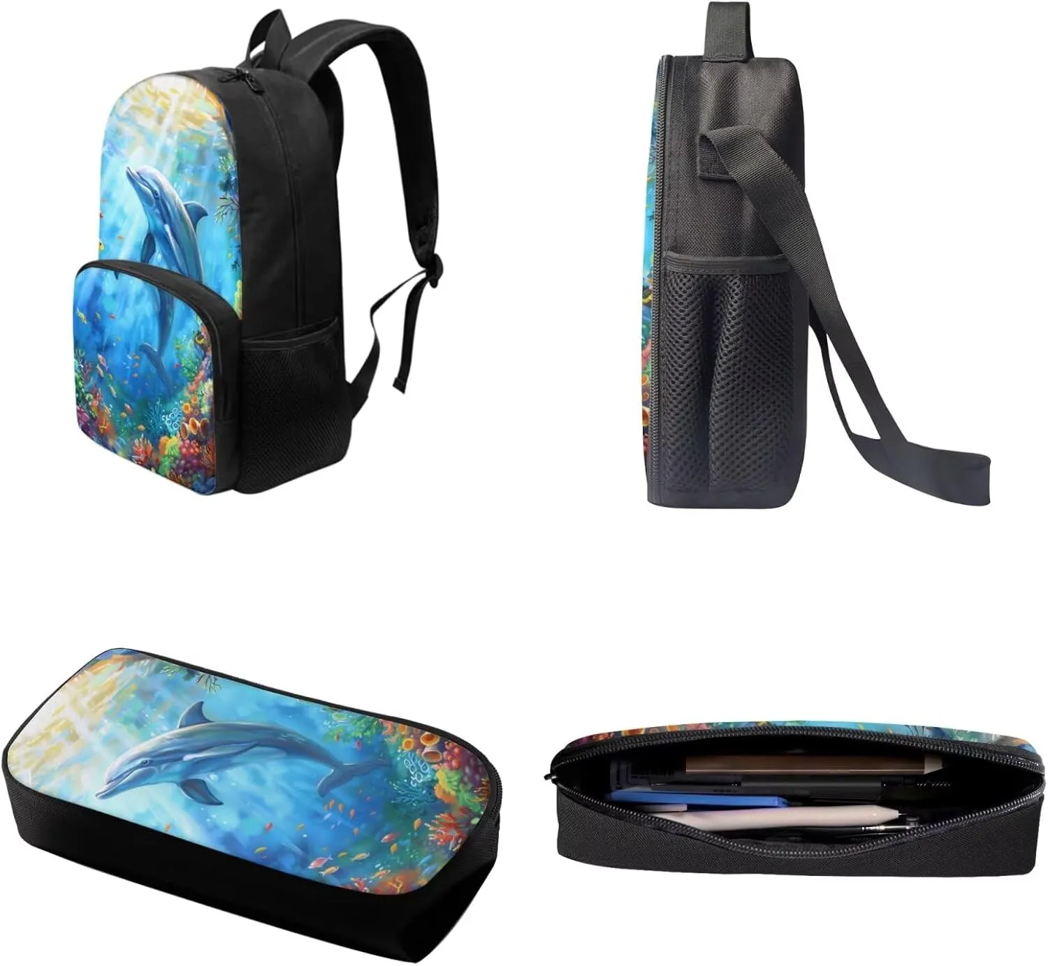 Suobstales Dolphin Fish Coral Print Backpack School Bag with Picnic Lunch Box Pen Case Set of 3 Pcs, Kids School Bookbags Casual Daypack for Camping Outdoor Travel Sports