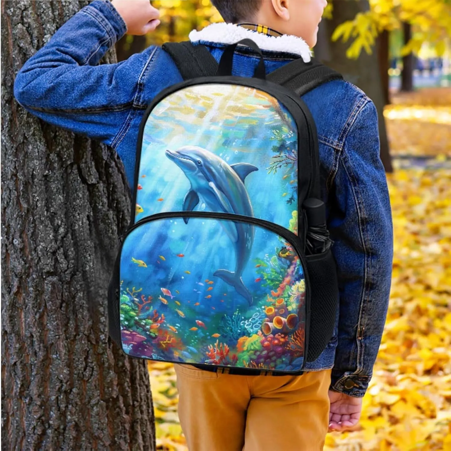 Suobstales Dolphin Fish Coral Print Backpack School Bag with Picnic Lunch Box Pen Case Set of 3 Pcs, Kids School Bookbags Casual Daypack for Camping Outdoor Travel Sports