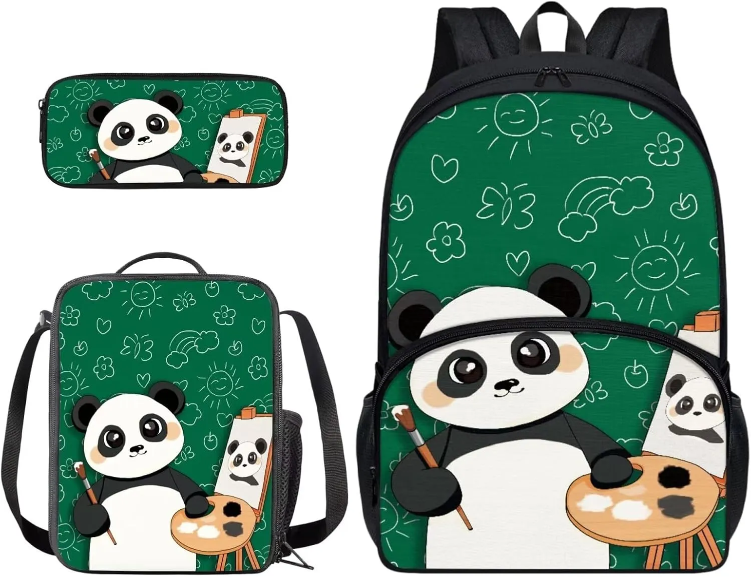 Suobstales Panda Floral Pattern 3Pcs School Backpack Set for Boys Girls Teen Shoulder Bag   Lunch Box   Pencil Case Schoolbags Book Bag Travel Casual Daypack