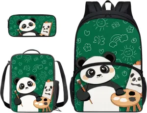 Suobstales Panda Floral Pattern 3Pcs School Backpack Set for Boys Girls Teen Shoulder Bag   Lunch Box   Pencil Case Schoolbags Book Bag Travel Casual Daypack