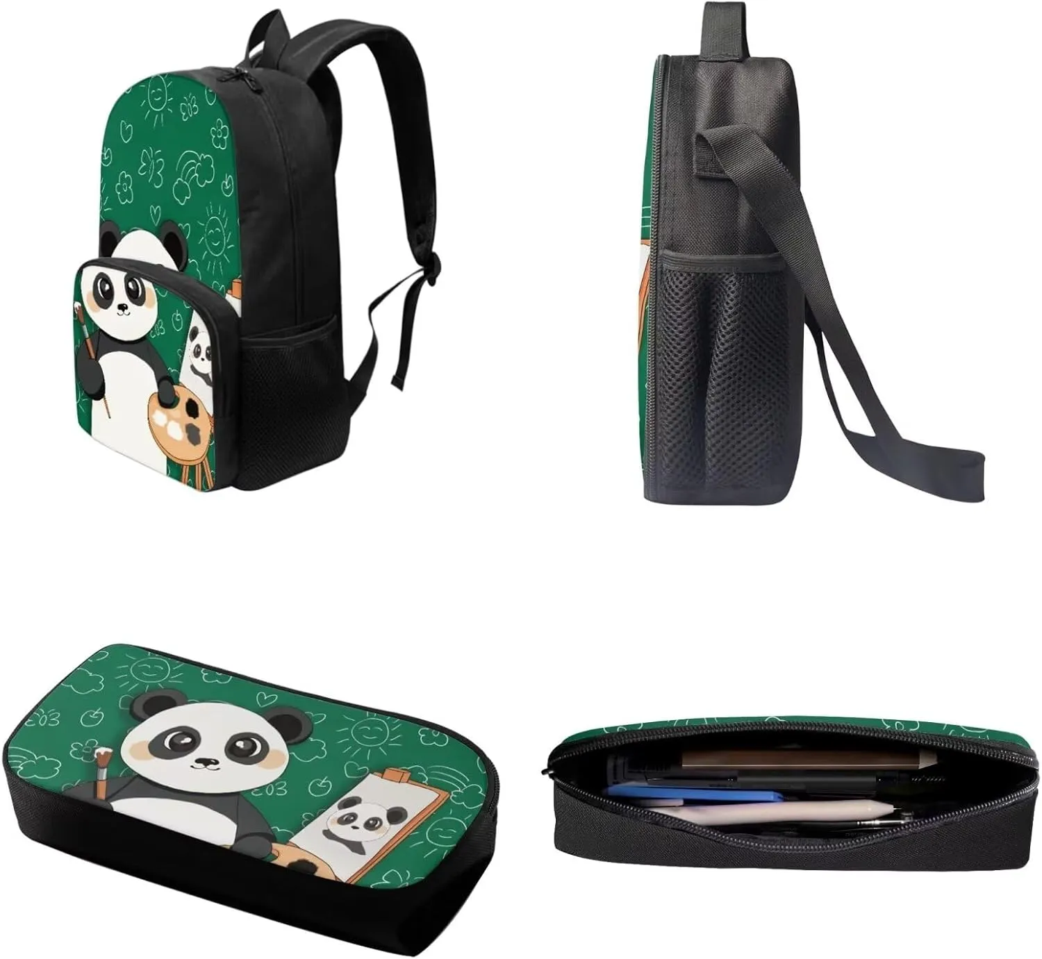 Suobstales Panda Floral Pattern 3Pcs School Backpack Set for Boys Girls Teen Shoulder Bag   Lunch Box   Pencil Case Schoolbags Book Bag Travel Casual Daypack