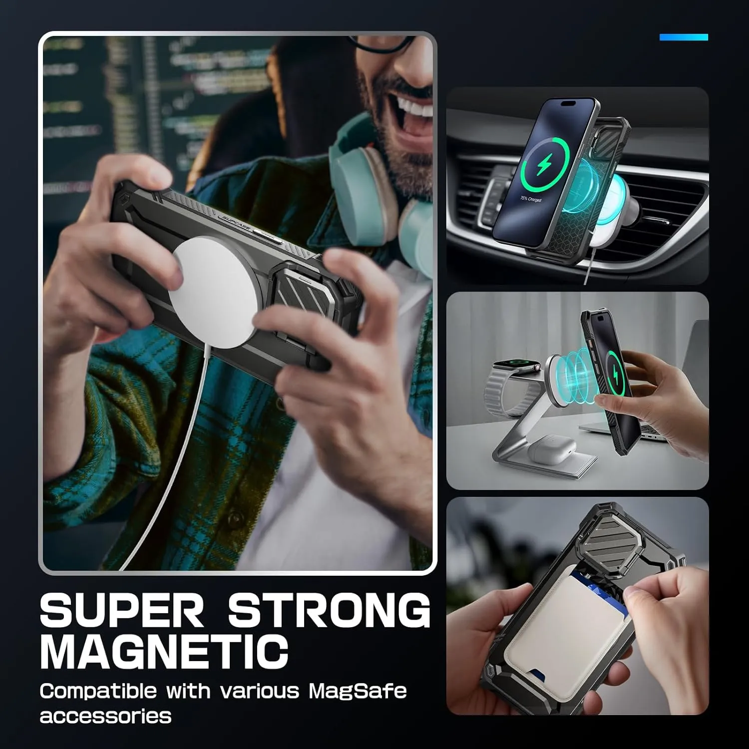 SUPCASE for iPhone 15 Pro Max Case with Camera Cover & Stand (UBMag XT) [Compatible with MagSafe] [Built-in Kickstand] [Military-Grade Protection] Heavy Duty Rugged Magnetic Phone Case, Black