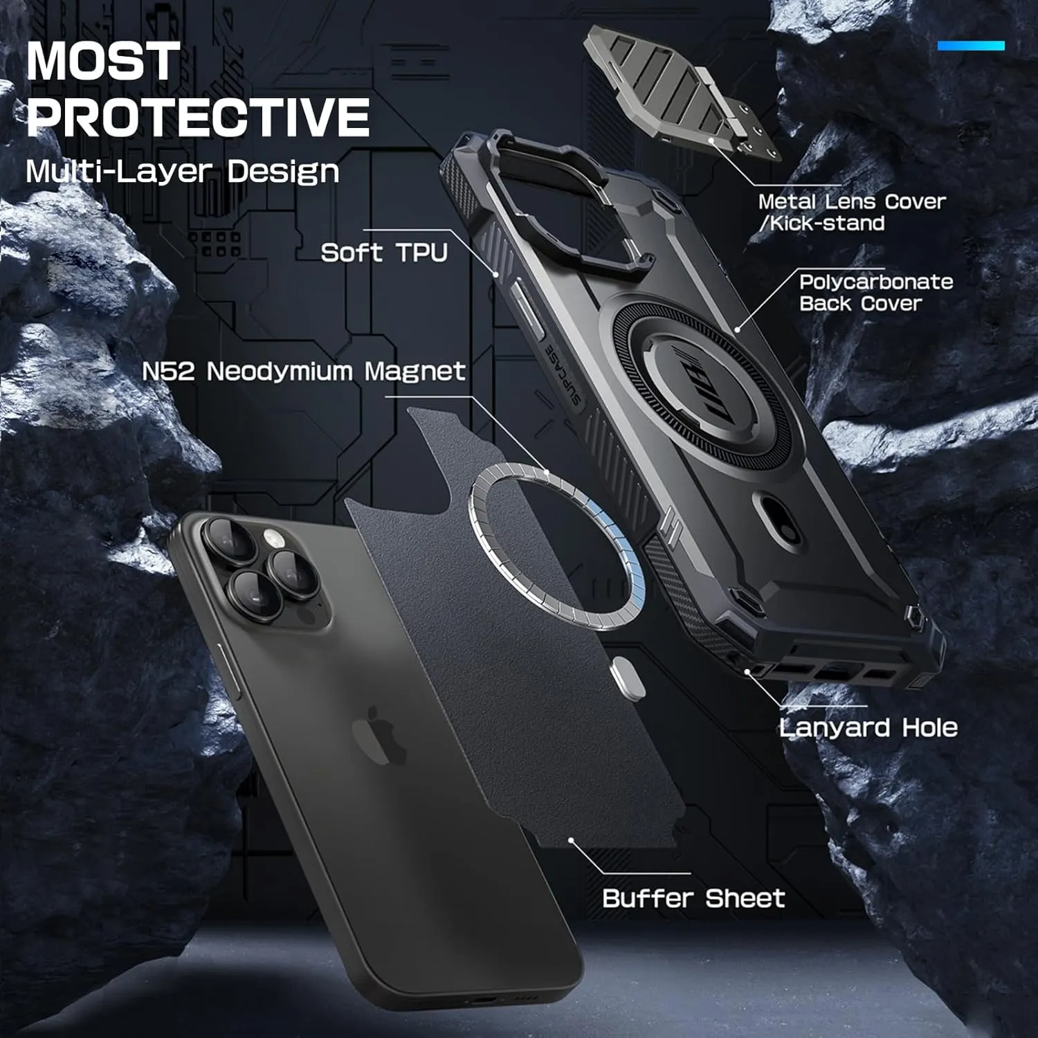 SUPCASE for iPhone 15 Pro Max Case with Camera Cover & Stand (UBMag XT) [Compatible with MagSafe] [Built-in Kickstand] [Military-Grade Protection] Heavy Duty Rugged Magnetic Phone Case, Black