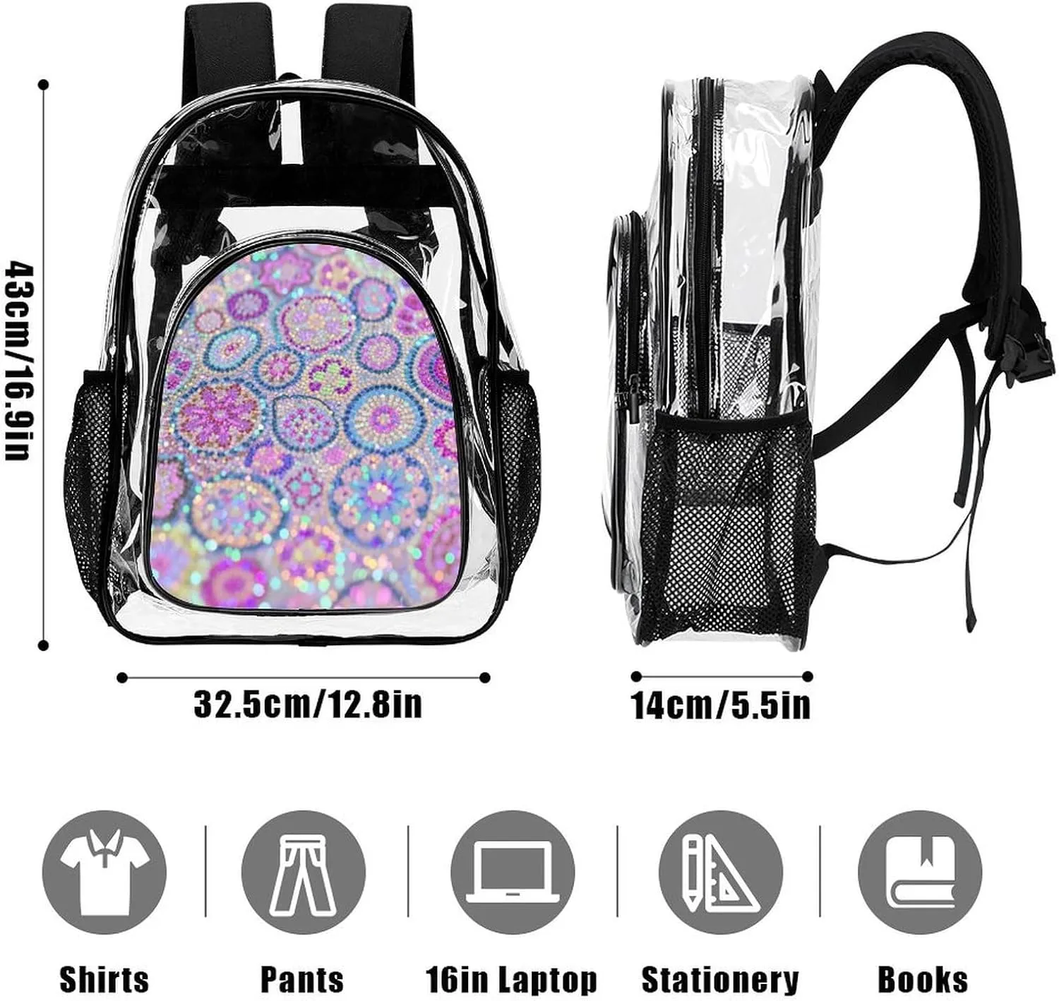 Supdreamc Casual Daypack Multipurpose Anti-Theft Large Capacity Carry On Bag - Colorful Glitter Sparkle Pattern Casual Daypack Climbing Shoulder Transparent Bag