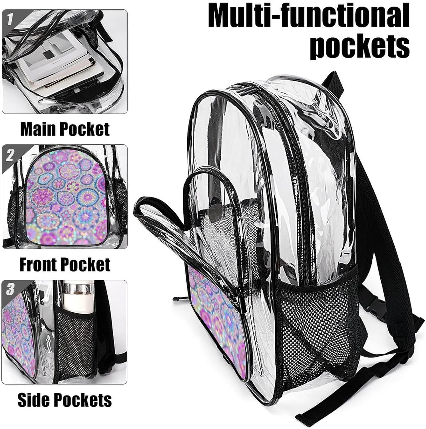 Supdreamc Casual Daypack Multipurpose Anti-Theft Large Capacity Carry On Bag - Colorful Glitter Sparkle Pattern Casual Daypack Climbing Shoulder Transparent Bag