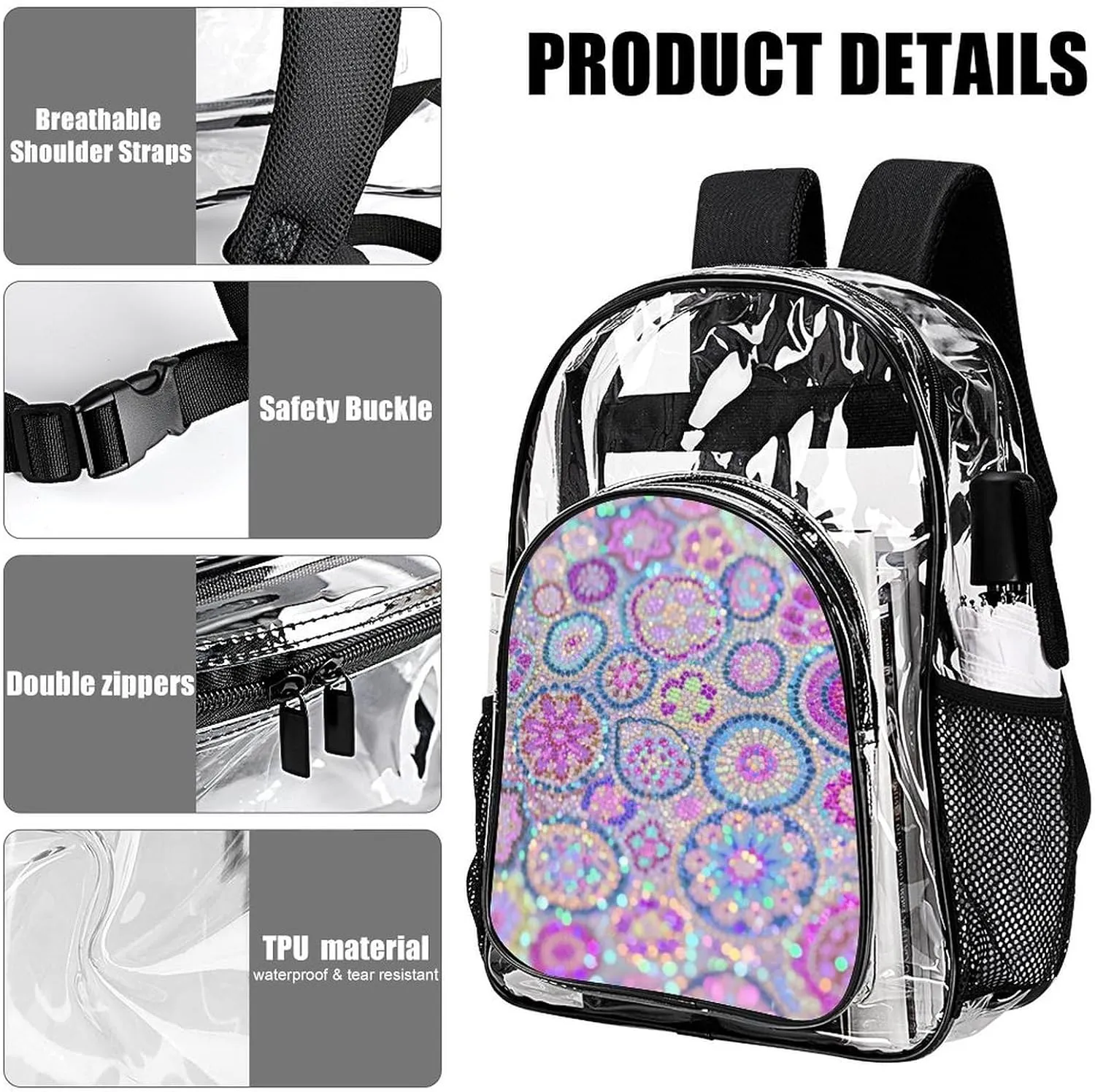 Supdreamc Casual Daypack Multipurpose Anti-Theft Large Capacity Carry On Bag - Colorful Glitter Sparkle Pattern Casual Daypack Climbing Shoulder Transparent Bag