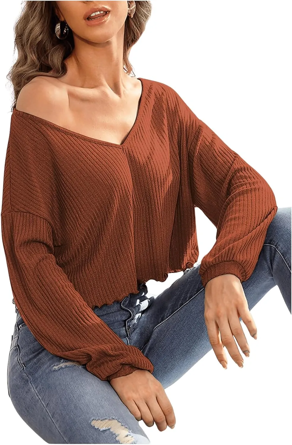 SweatyRocks Women's Long Sleeve Tee Shirt V Neck Ribbed Knit Lettuce Trim Crop Top