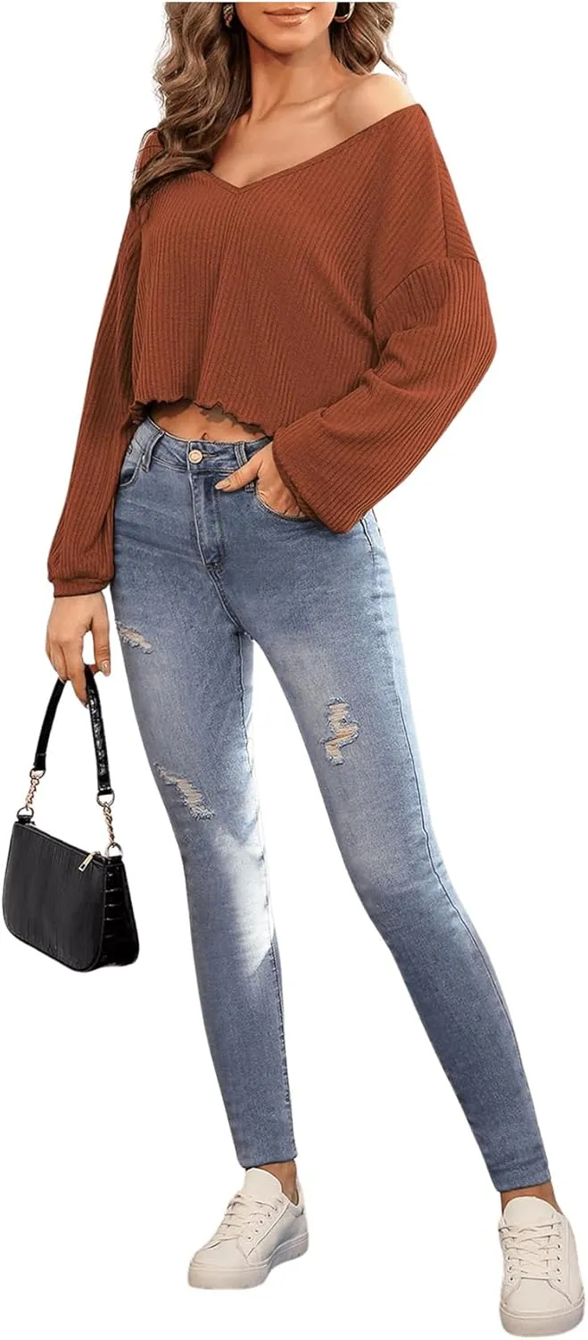 SweatyRocks Women's Long Sleeve Tee Shirt V Neck Ribbed Knit Lettuce Trim Crop Top
