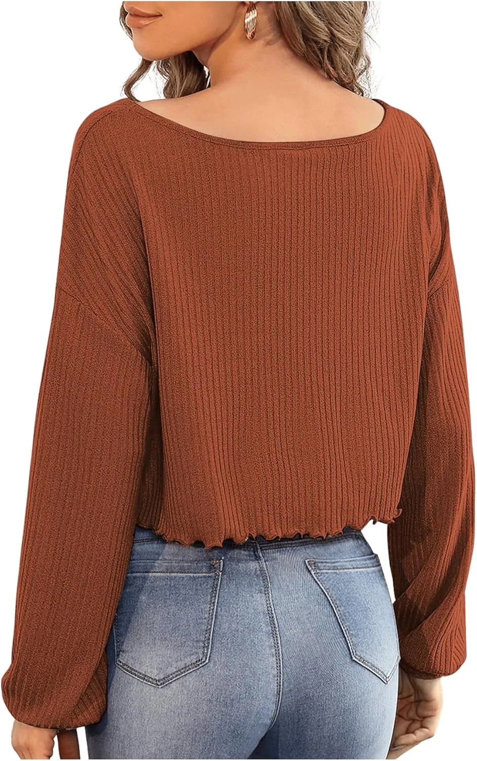SweatyRocks Women's Long Sleeve Tee Shirt V Neck Ribbed Knit Lettuce Trim Crop Top