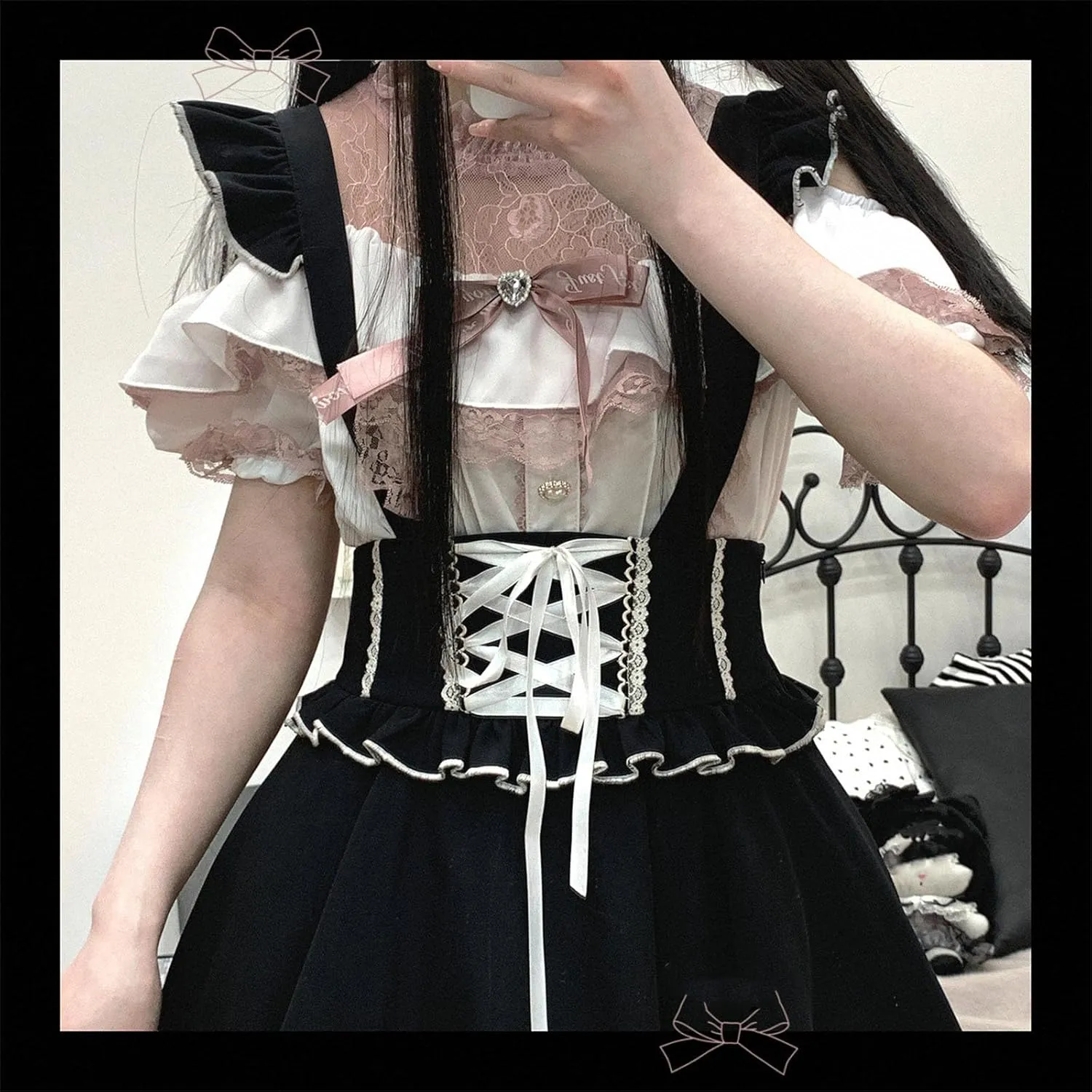 Sweet Cold Shoulder Shirt Women Lolita Lace Mesh Sheer Short Sleeve Blouse Vintage Ruffle Button Cute Tops