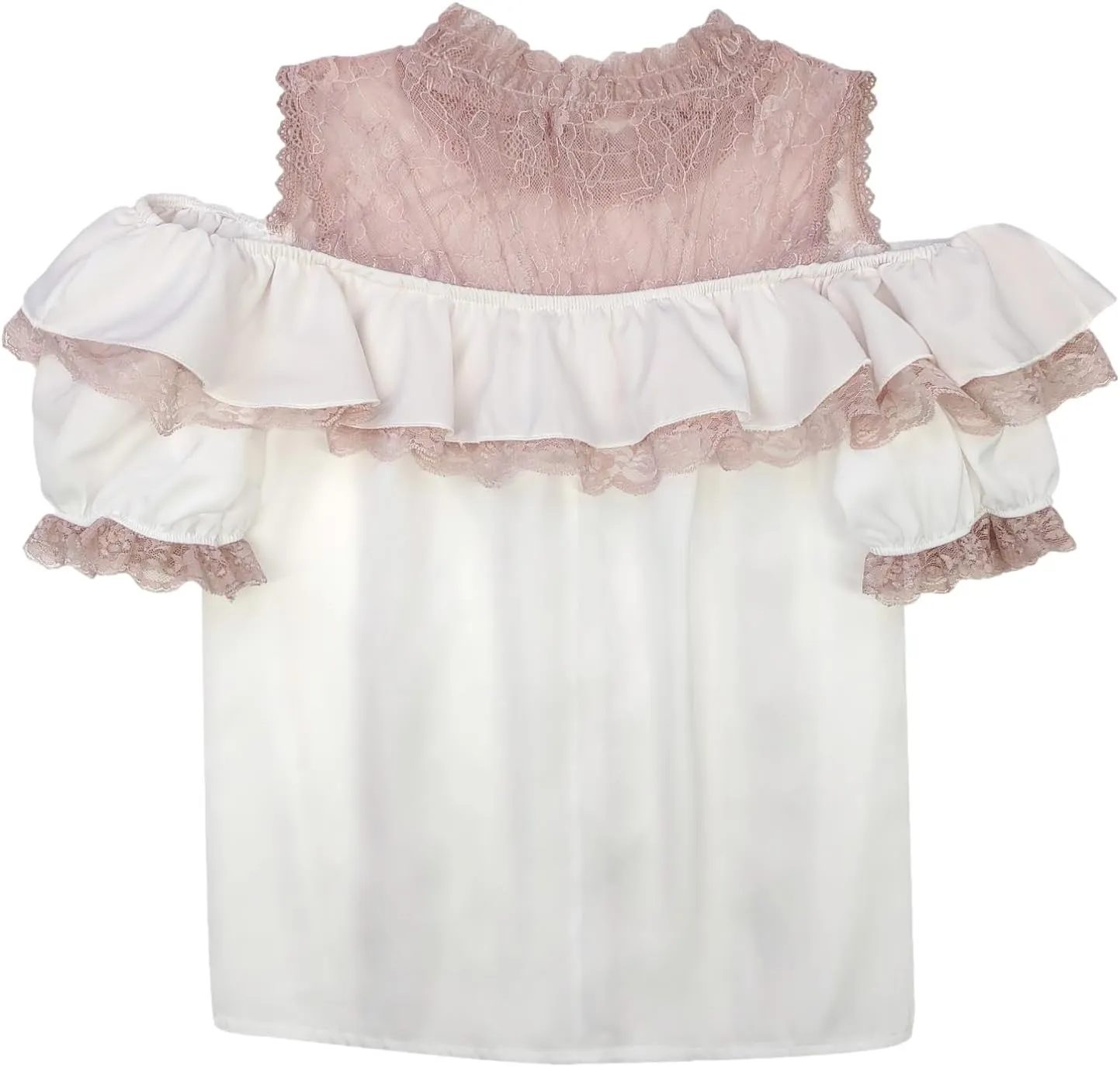 Sweet Cold Shoulder Shirt Women Lolita Lace Mesh Sheer Short Sleeve Blouse Vintage Ruffle Button Cute Tops