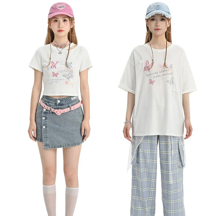 Sweet Girl Style Butterfly Print Round Neck T-shirt