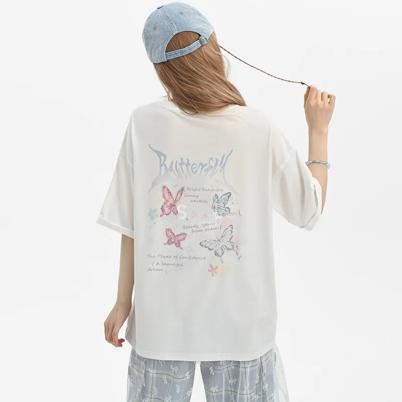 Sweet Girl Style Butterfly Print Round Neck T-shirt