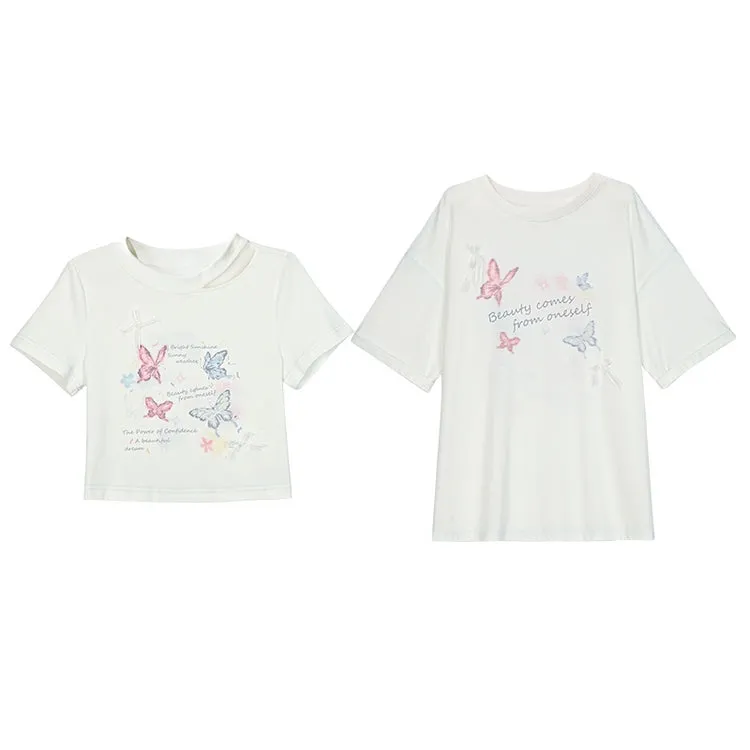 Sweet Girl Style Butterfly Print Round Neck T-shirt