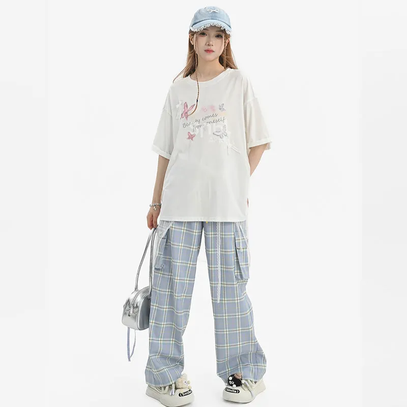 Sweet Girl Style Butterfly Print Round Neck T-shirt