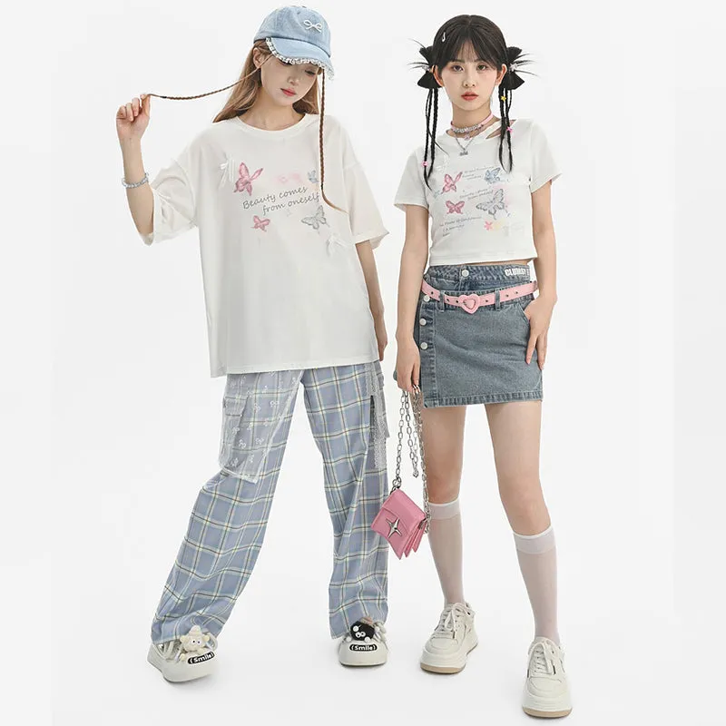Sweet Girl Style Butterfly Print Round Neck T-shirt