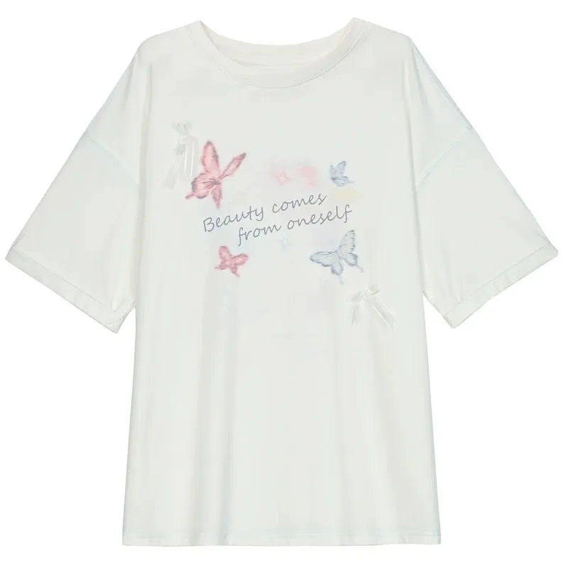 Sweet Girl Style Butterfly Print Round Neck T-shirt