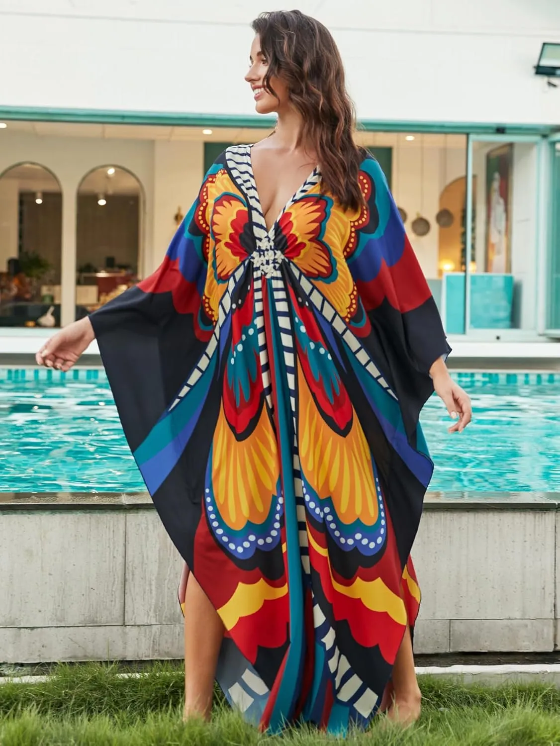 Swimsuit Cover ups Plus Size Caftans Beach Cover Up Maxi Beach Dress Vneck Batwing Sleeve Kaftan Dresses for Women
