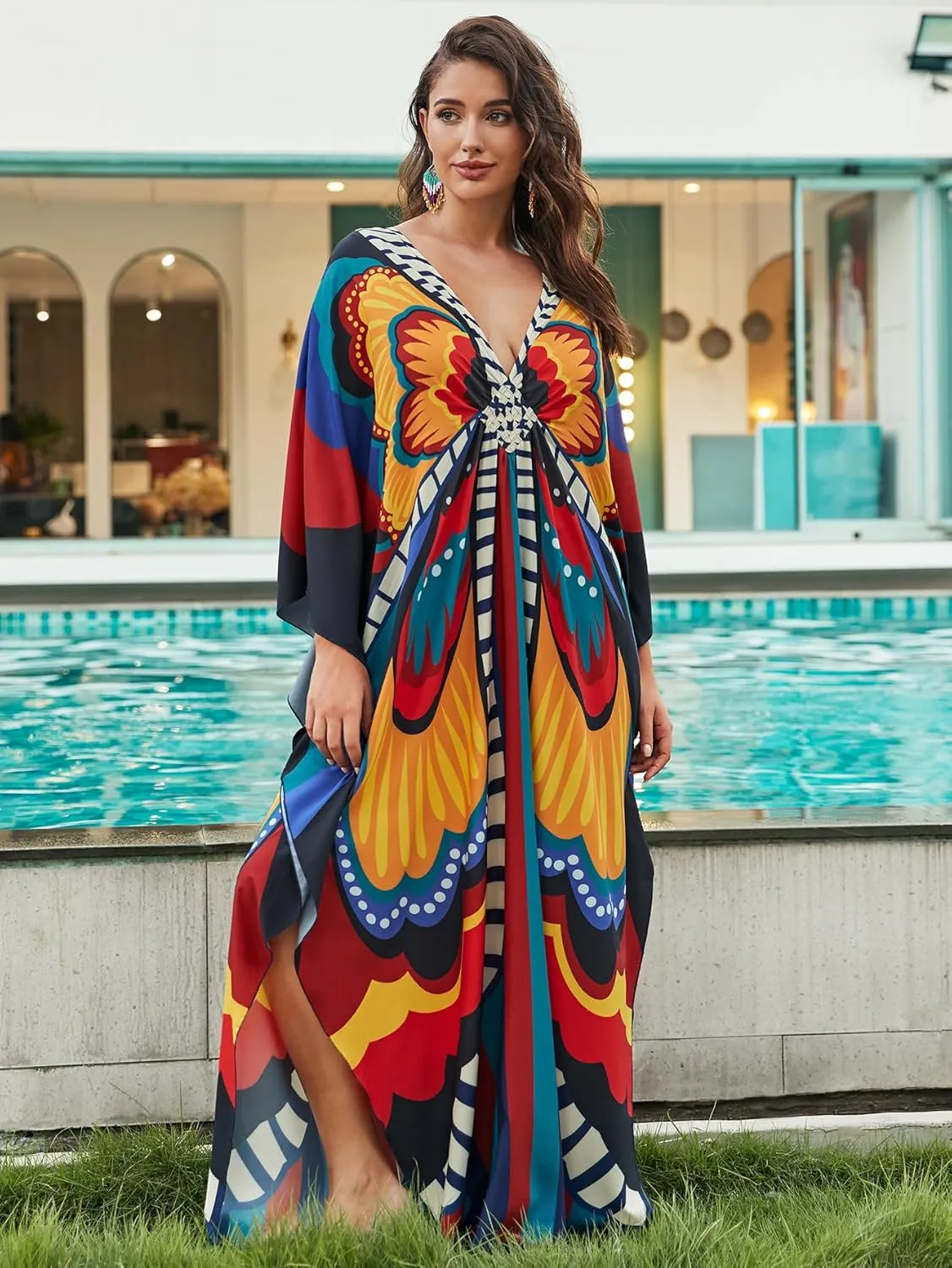 Swimsuit Cover ups Plus Size Caftans Beach Cover Up Maxi Beach Dress Vneck Batwing Sleeve Kaftan Dresses for Women